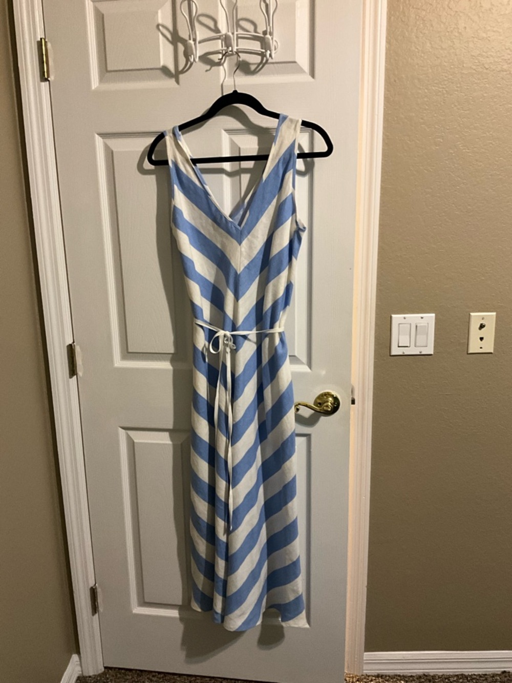 Neiman Marcus 100% Linen Blue and White Striped V-Neck Sundress